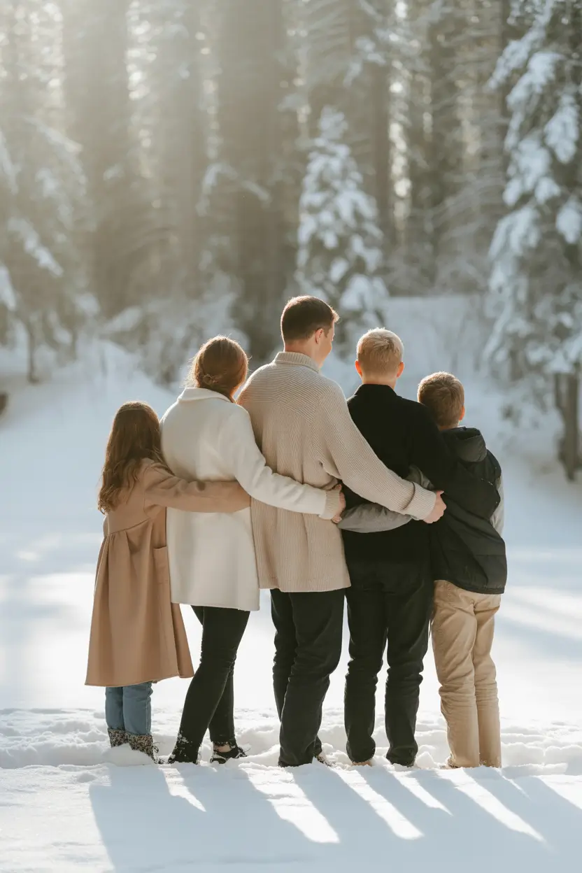 winter family photo outfits 2025-2026 Layered Classics in a Soft Forest Glow