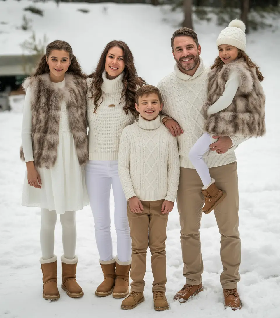 winter family photo outfits 2025-2026 Warm Winter Whites with Textures and Fur