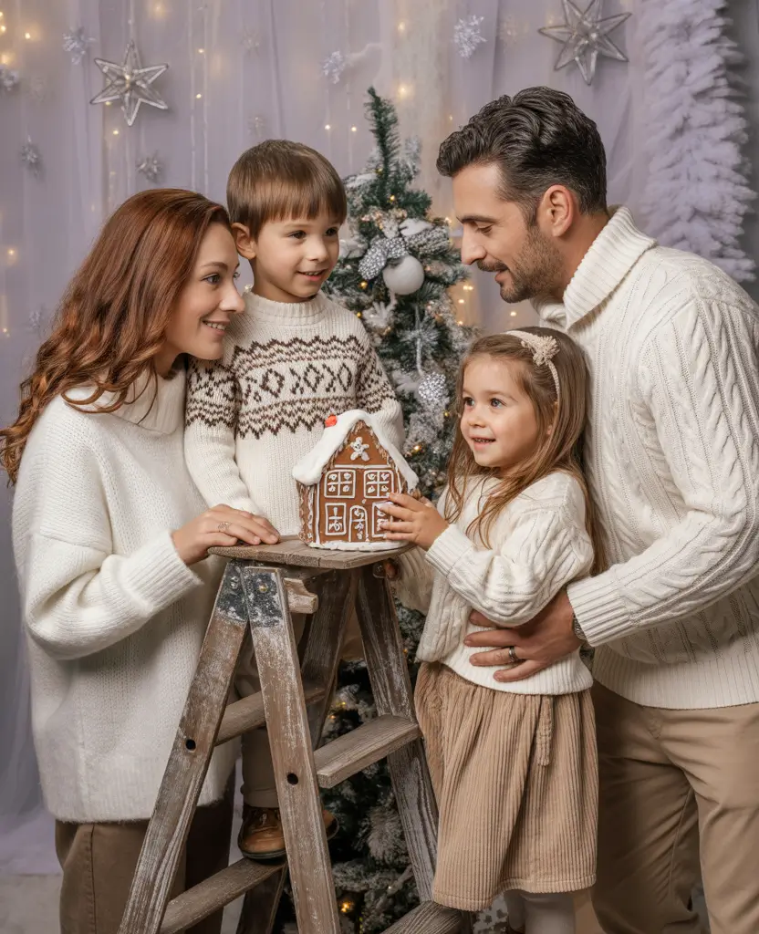 winter family photo outfits 2025-2026 Indoor Ivory Knits for Warmhearted Vibes
