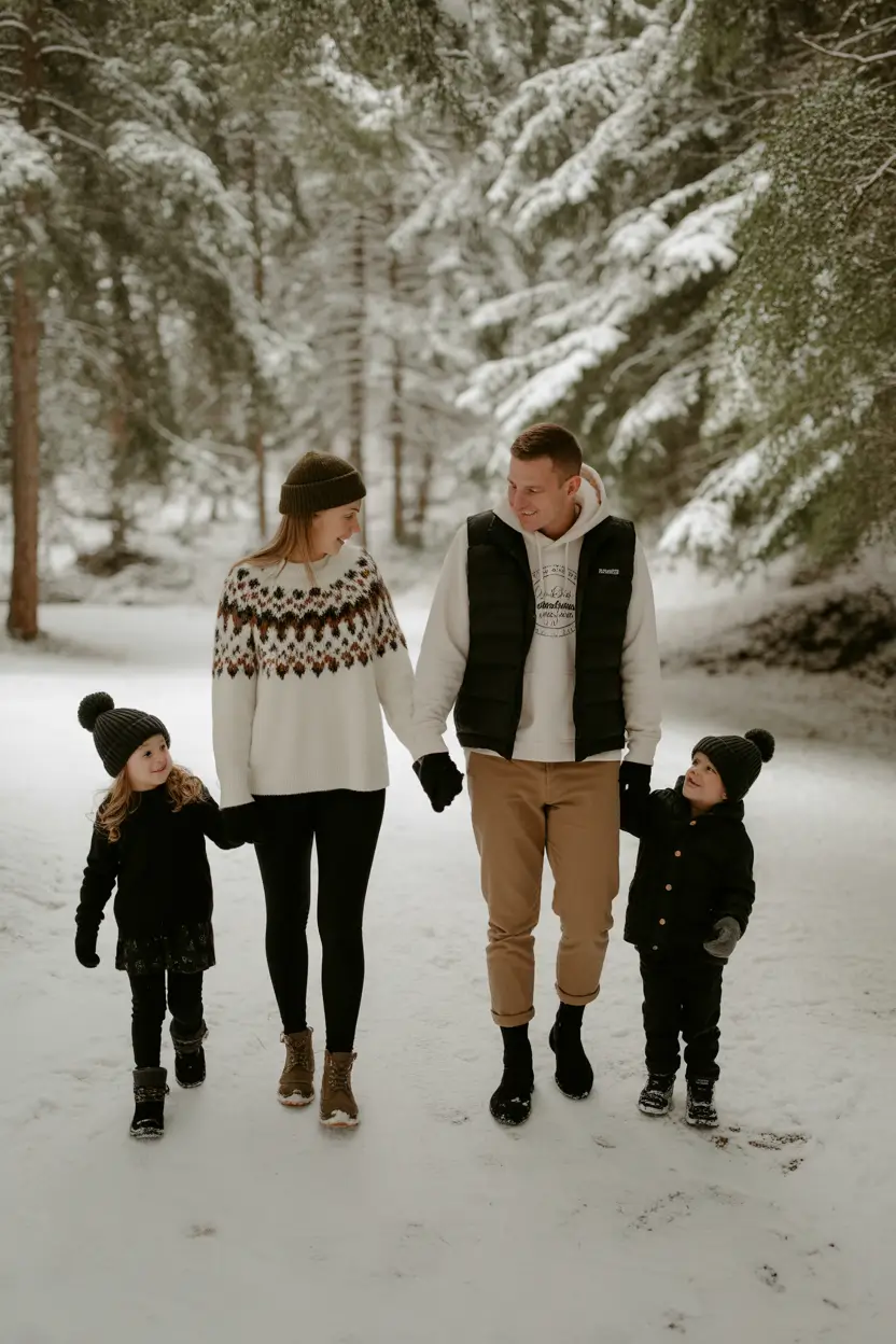 winter family photo outfits 2025-2026 Nordic-Inspired Simplicity for Snowy Forest Walks