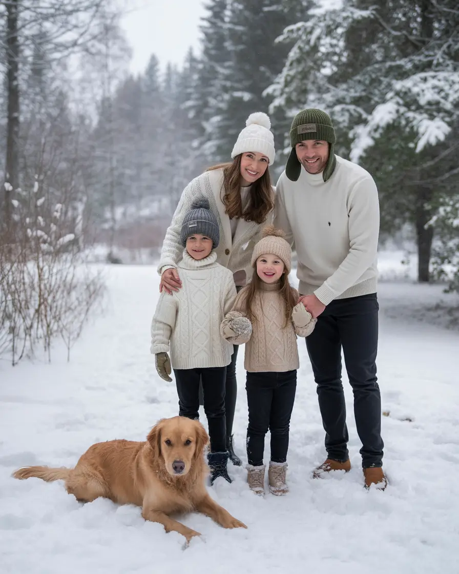 winter family photo outfits 2025-2026 All-White Cable-Knit Chic With Snow Pup Bonus