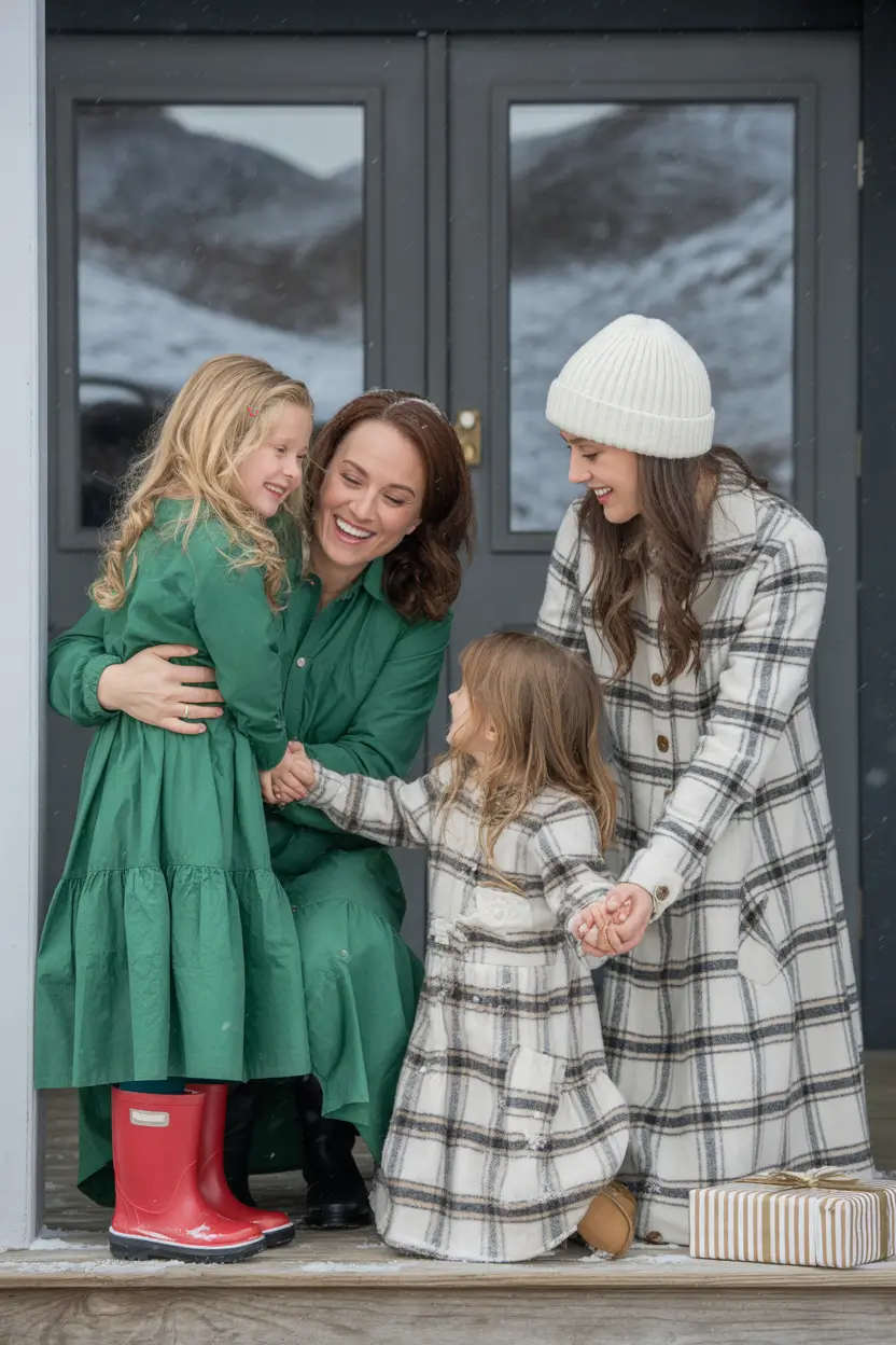 winter family photo outfits 2025-2026 Green Dresses & Plaid Coats: Winter Storybook Feels