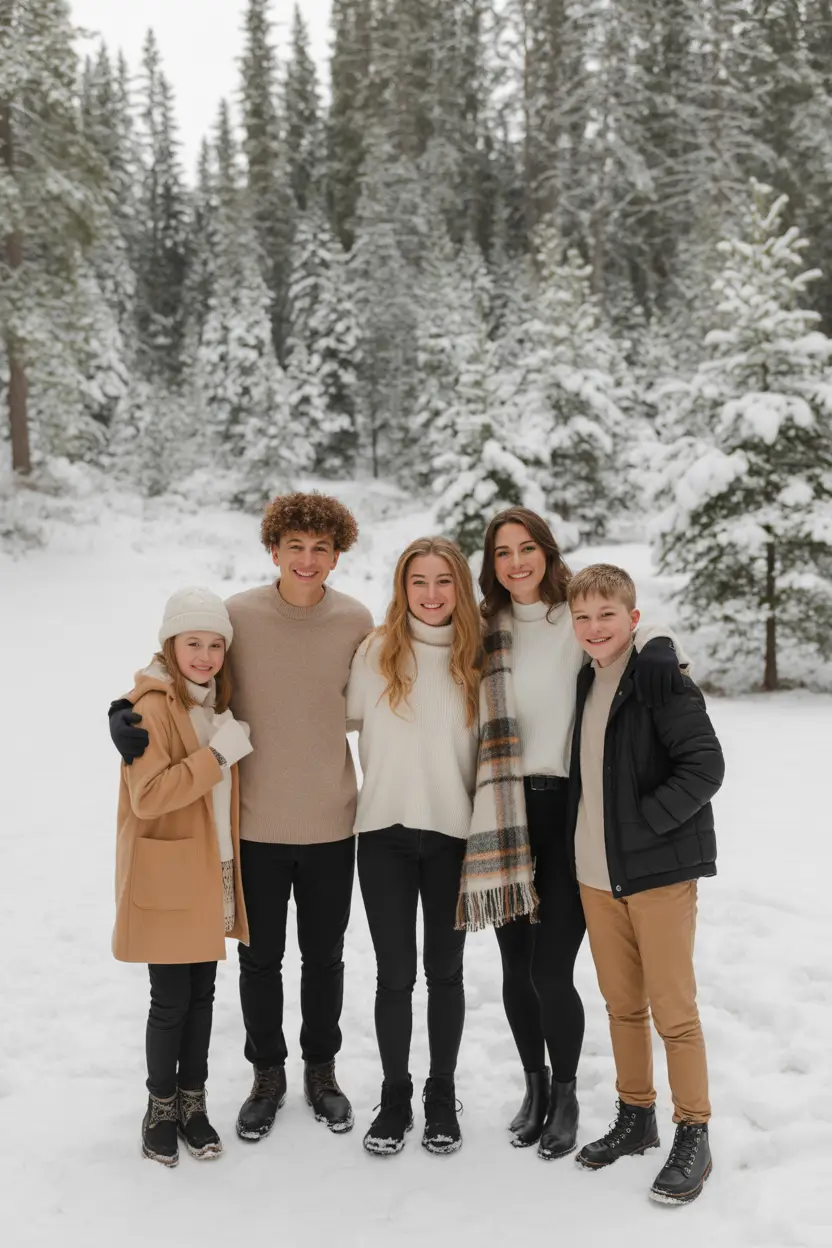winter family photo outfits 2025-2026 Camel and Cream Done Right for Frosty Family Moments