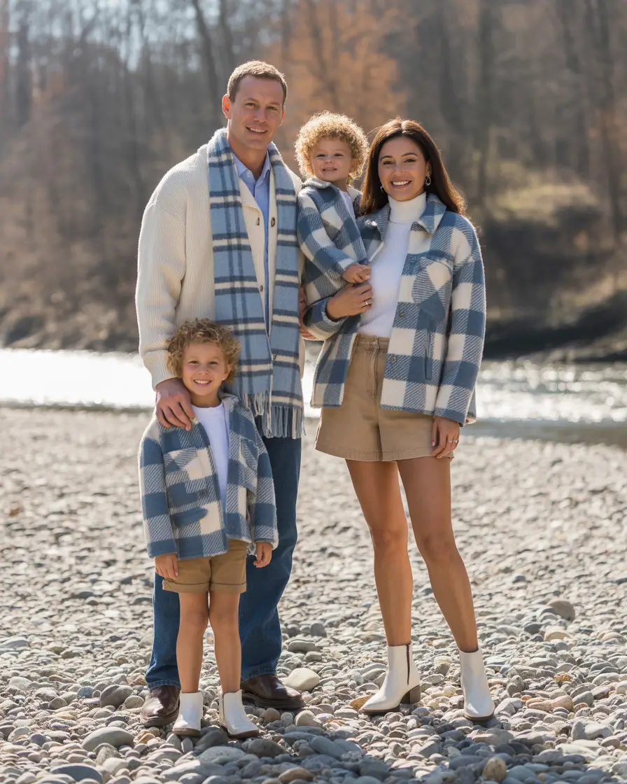 winter family photo outfits 2025-2026 Laid-Back Blue Plaids for Transitional Outdoor Settings