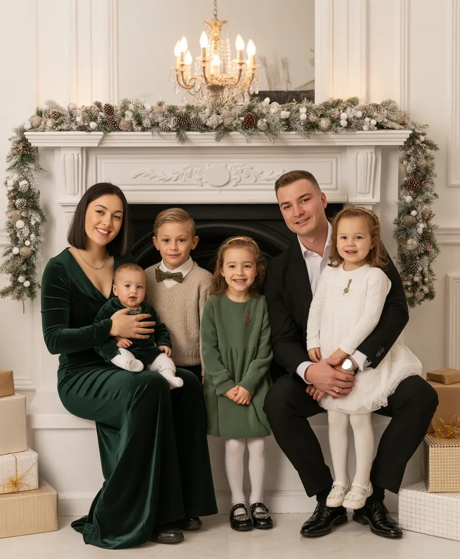 winter family photo outfits 2025-2026 Indoor Emerald Elegance with Velvet and Neutrals
