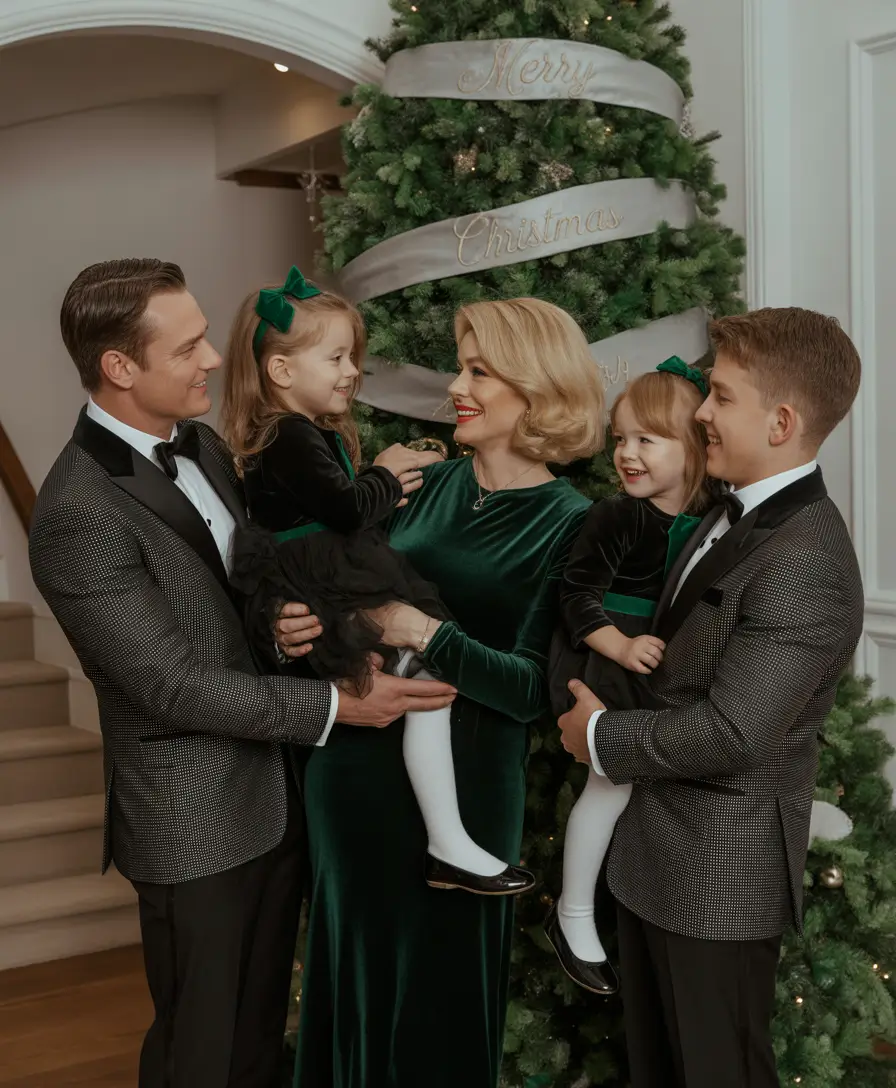 winter family photo outfits 2025-2026 Formal Sparkle Meets Festive Green and Black
