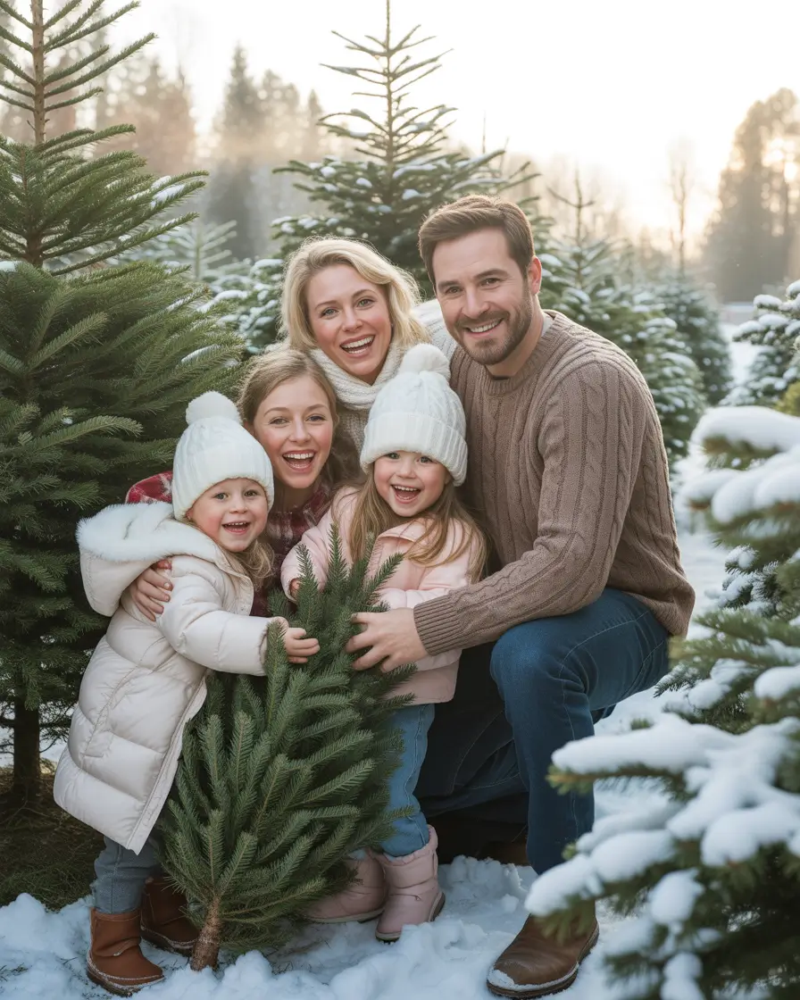 winter family photo outfits 2025-2026 Pine Tree Farm Layers with Soft Pink and Beige