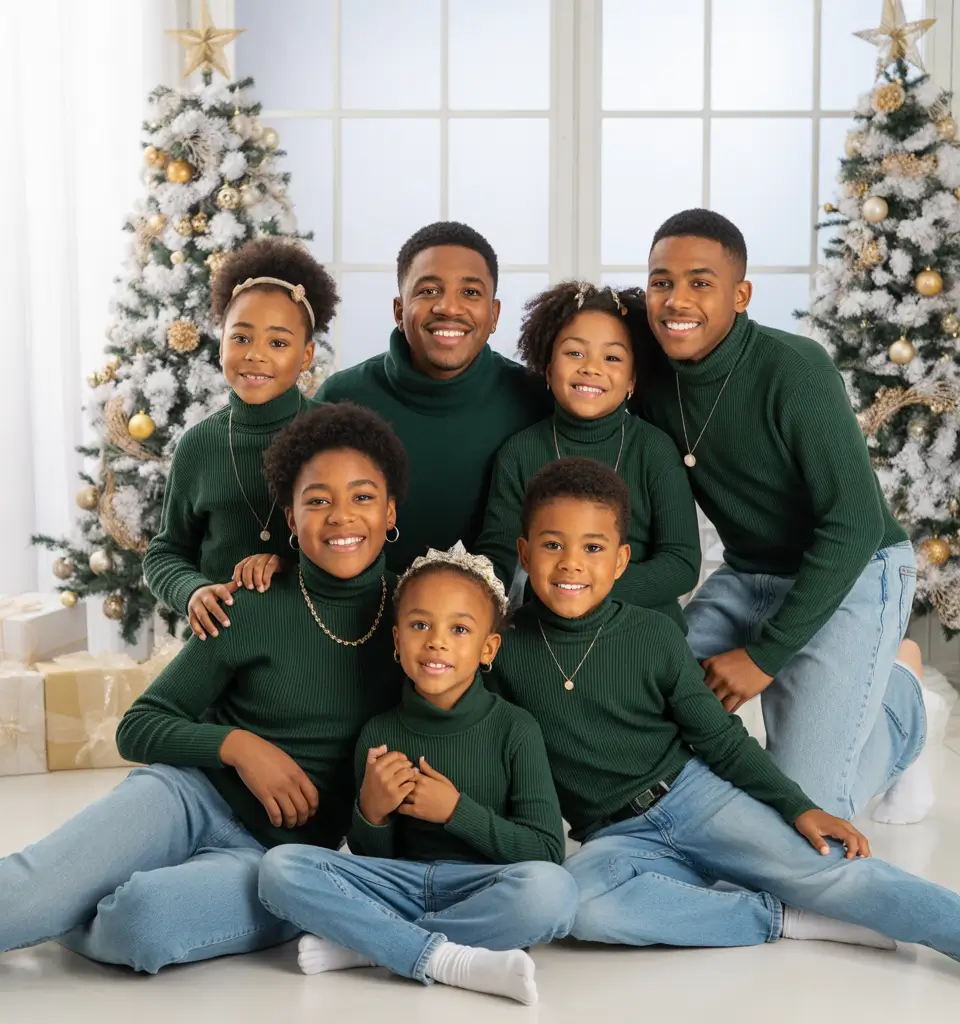 winter family photo outfits 2025-2026 Indoor Minimalism with Deep Green and Denim