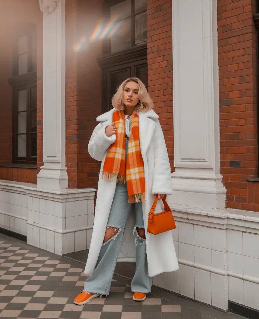 winter fashion inspo 2025 Faux fur and tangerine flair