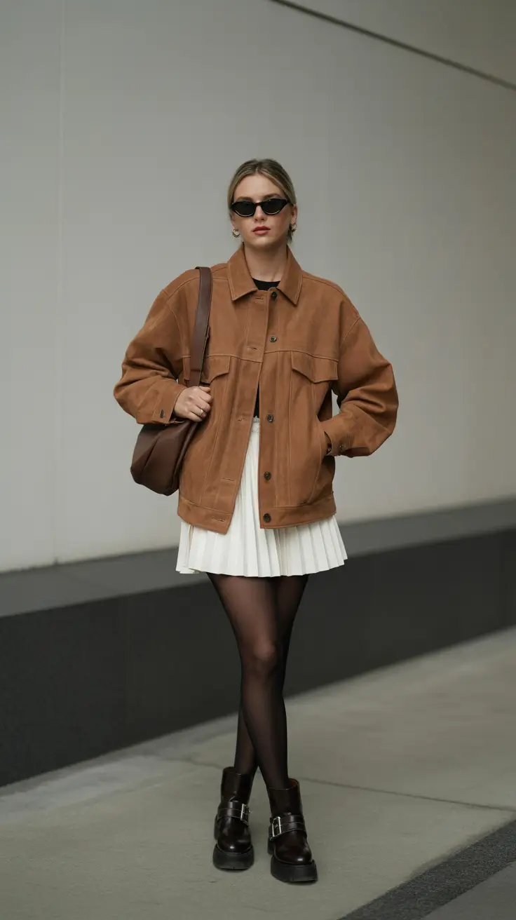 nyc winter outfits 2025-2026 Oversized Jacket with Pleated Skirt
