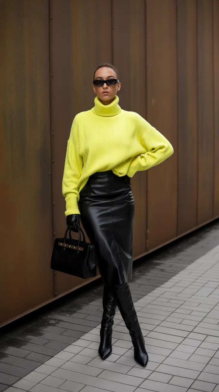 nyc winter outfits 2025-2026 Neon Pop with Leather Sleekness