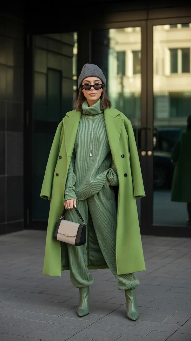 nyc winter outfits 2025-2026 All-Green Monochrome Layering