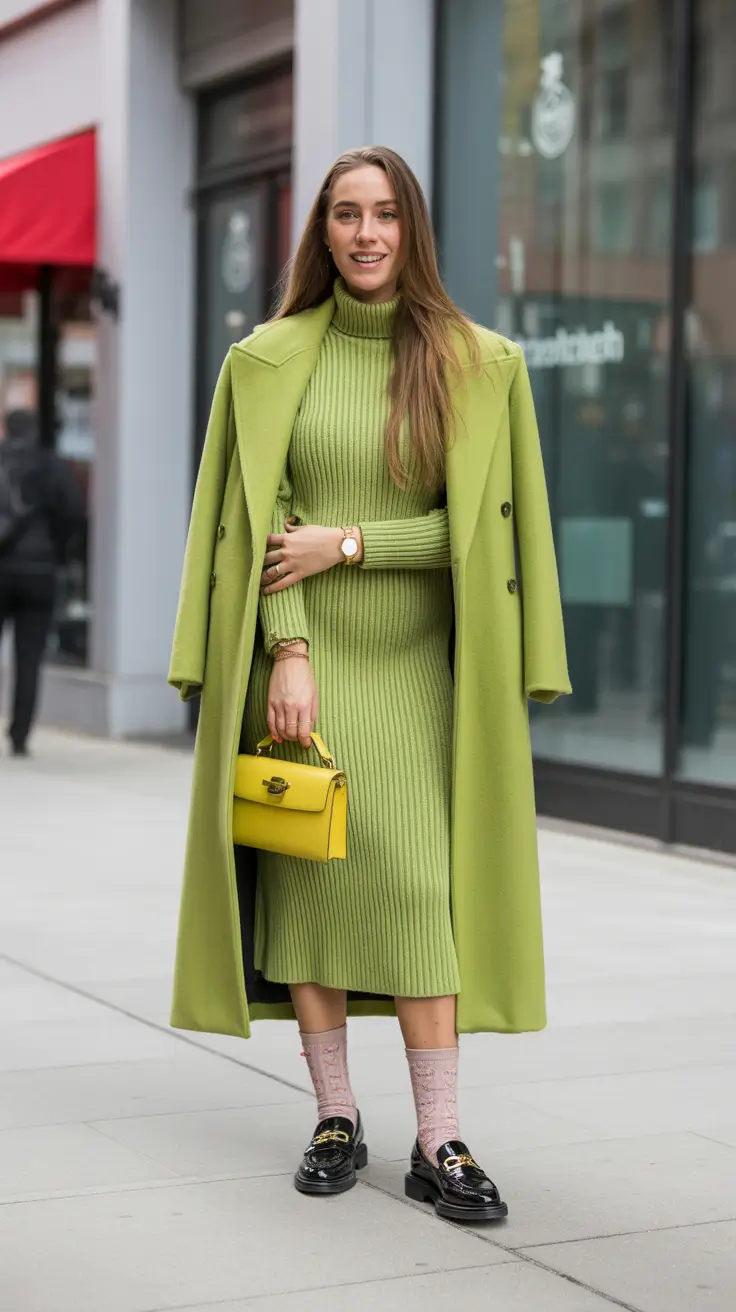 nyc winter outfits 2025-2026 Pastel Green Knit Dress with Yellow Pop
