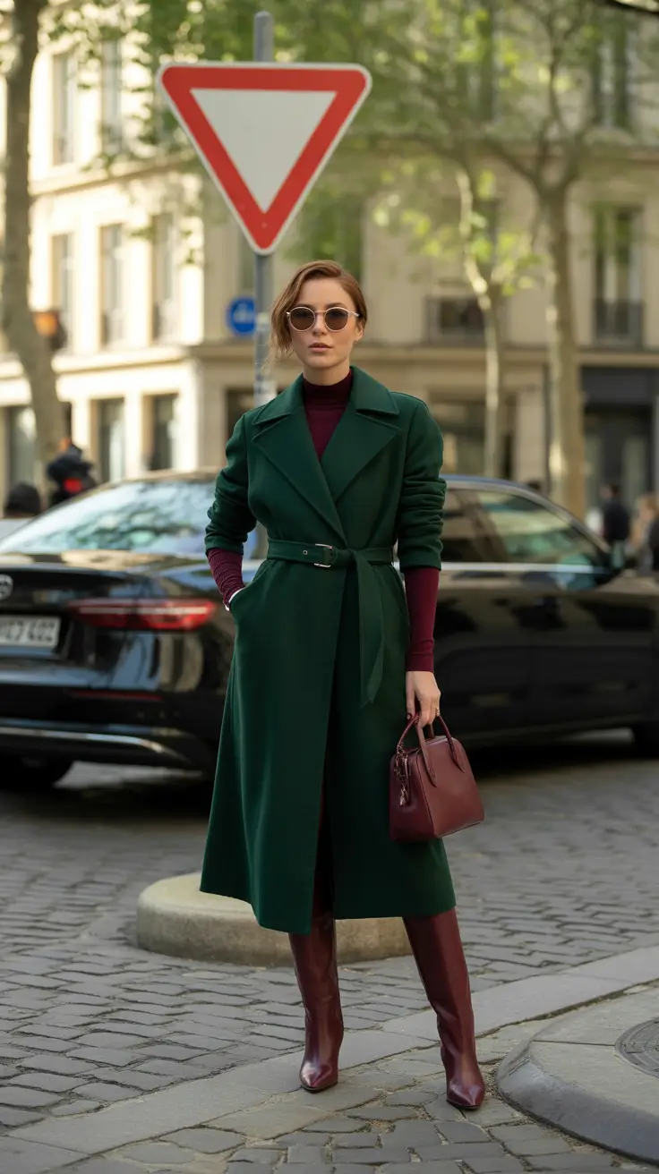 nyc winter outfits 2025-2026 Modern Elegance in Green and Burgundy
