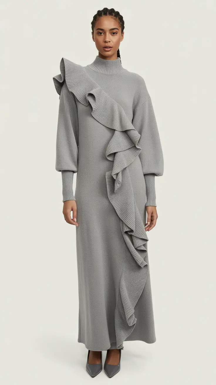 nyc winter outfits 2025-2026 Statement Ruffle Knit Dress