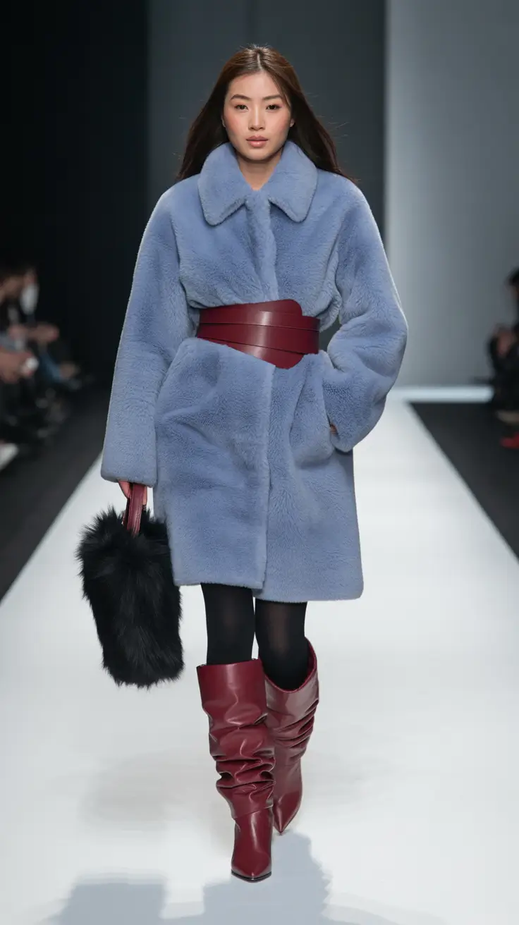 nyc winter outfits 2025-2026 Powder Blue Coat with Burgundy Accents