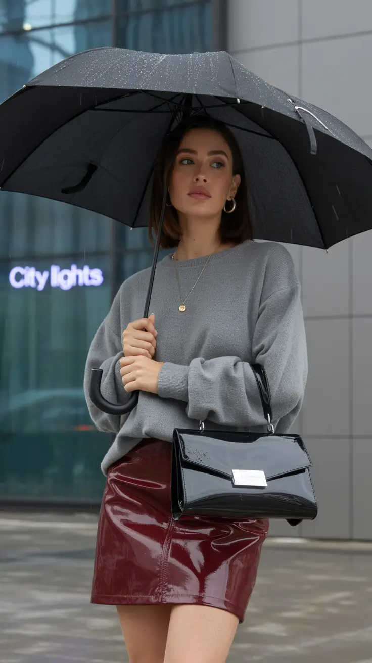nyc winter outfits 2025-2026 Rain-Ready Skirt and Sweater Mix