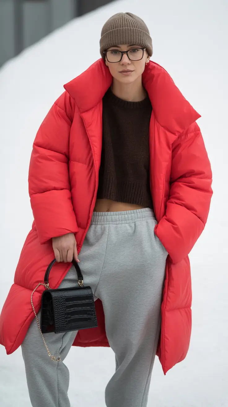 winter fits 2025-2026 Red Statement Puffer with Relaxed Vibes