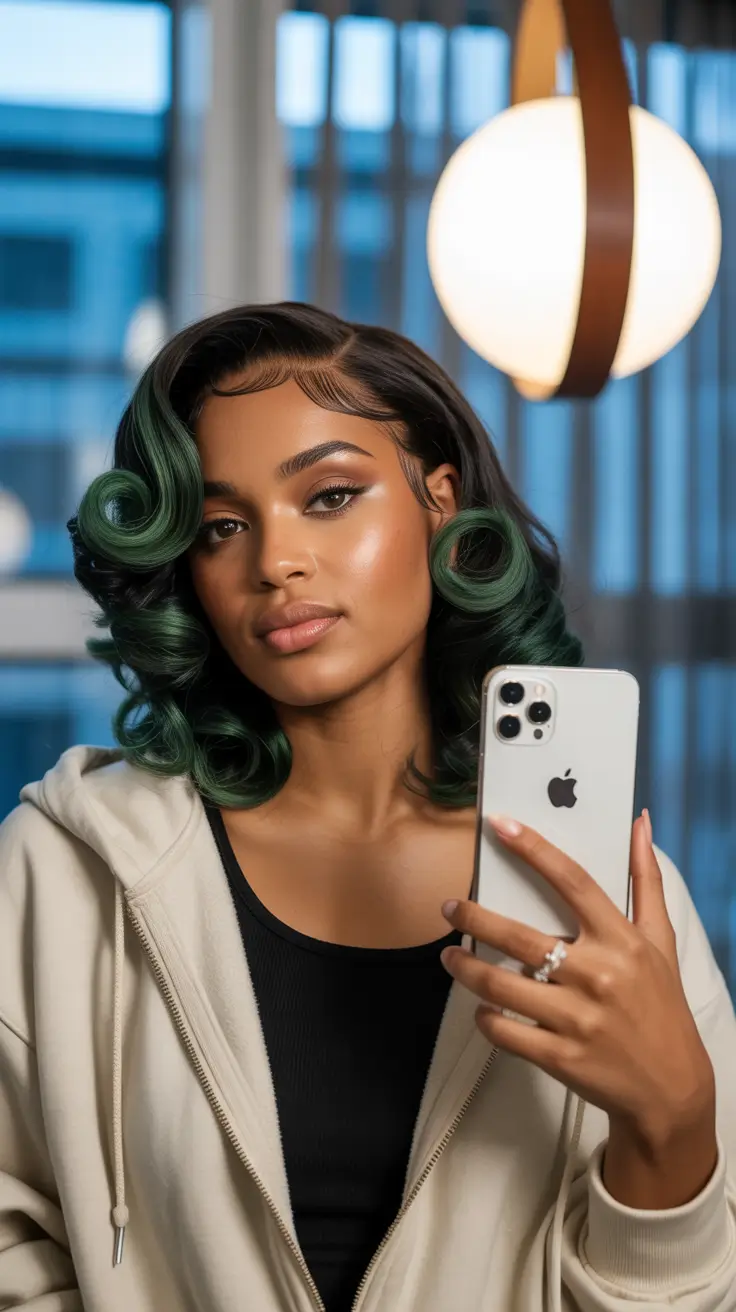 winter hair colors for brunettes 2025-2026 Vintage-Inspired Waves with Emerald Ends