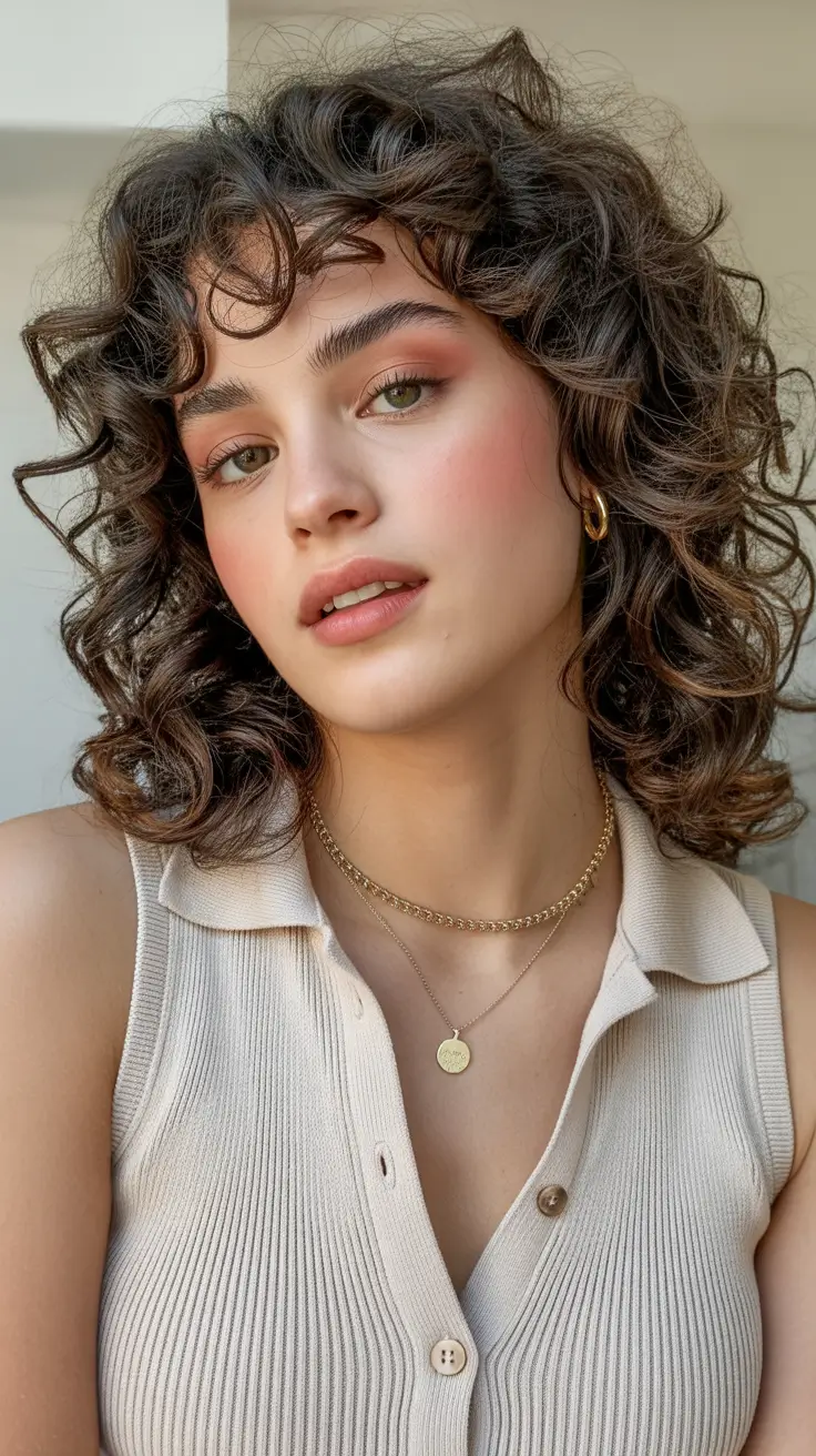 winter hair colors 2025-2026 for brunettes Playful Medium Curls with Dark Brunette Energy