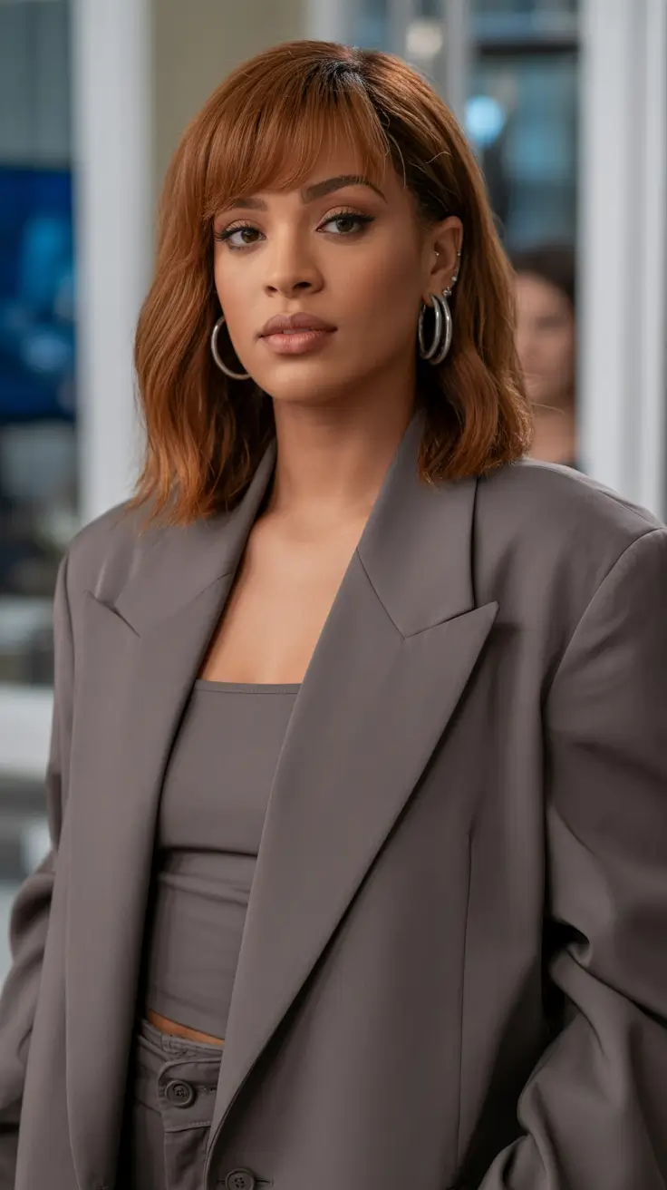 winter hair colors for brunettes 2025-2026 Warm Auburn Bob with Fringe