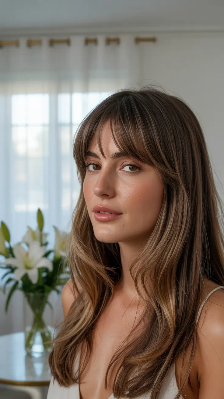winter hair colors for brunettes 2025-2026 Balayage Layers with Curtain Bangs