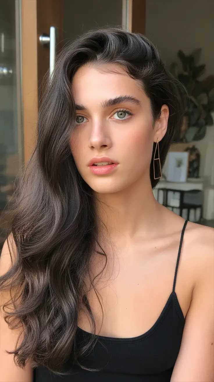 winter hair colors for brunettes 2025-2026 Cool Dark Lengths with Side-Swept Volume
