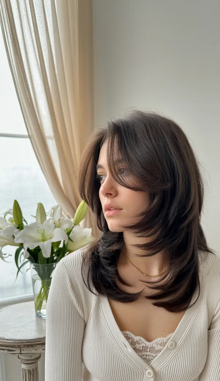 winter hair colors 2025-2026 Soft Layered Brunette Elegance
