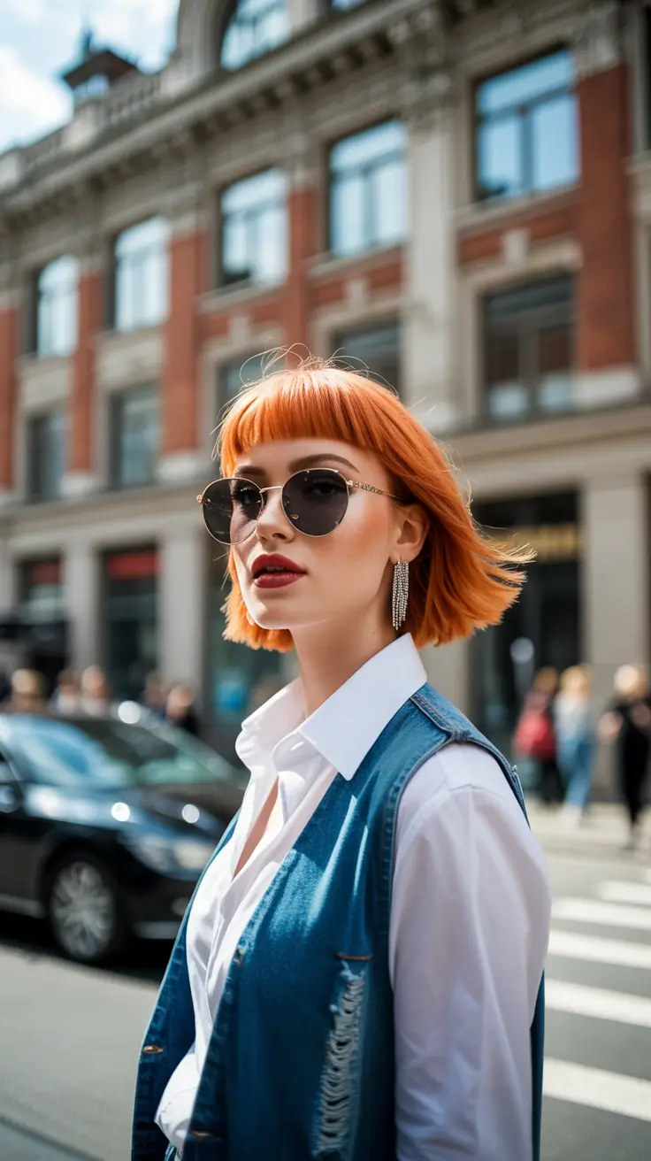winter hair colors 2025-2026 Fiery Copper with Blunt Bangs