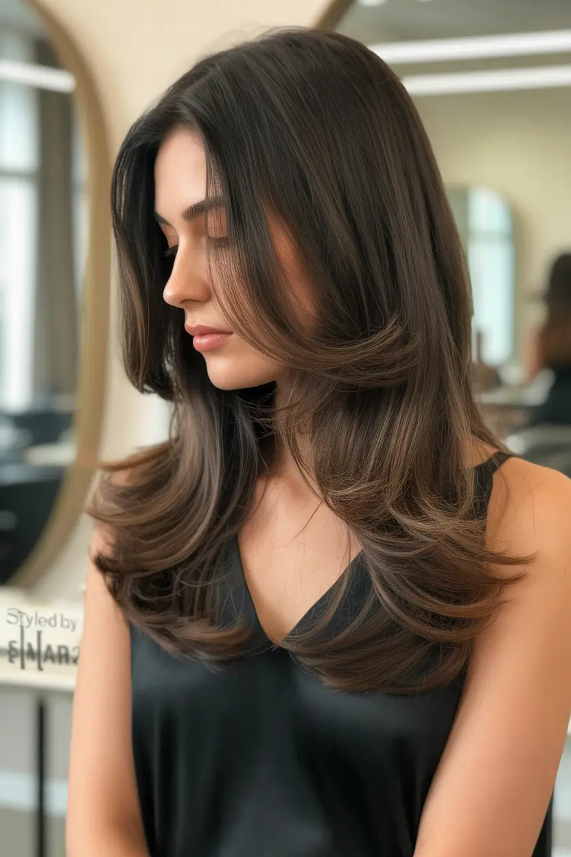 winter hair colors 2025-2026 Soft Layered Brunette Elegance