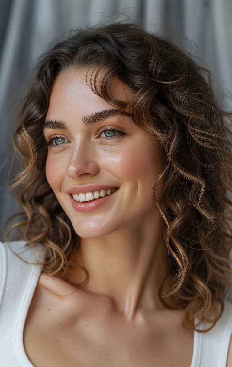winter hair colors 2025-2026 Curly Bronde with Face-Framing Highlights