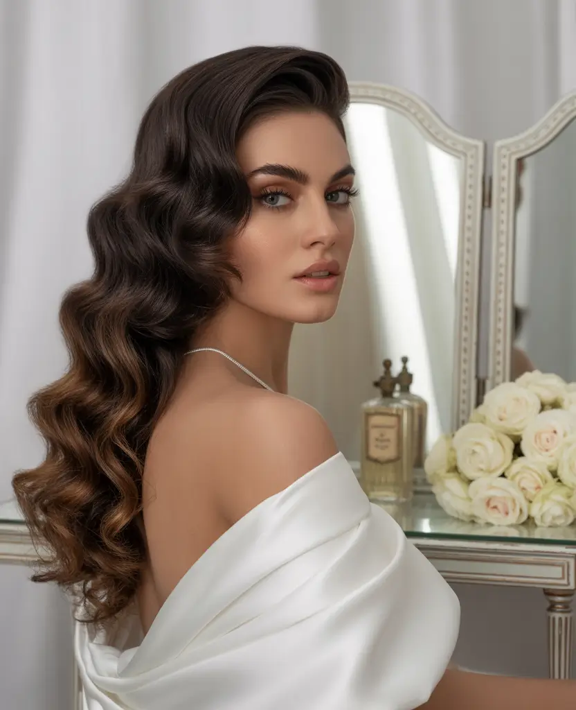 winter hair colors 2025-2026 Old-Hollywood Waves in Deep Brunette