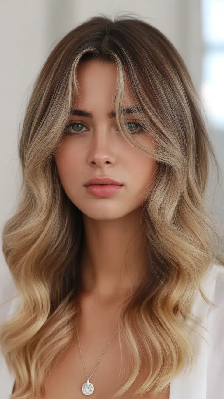 winter hair colors 2025-2026 Soft Bronde Balayage with Curtain Bangs