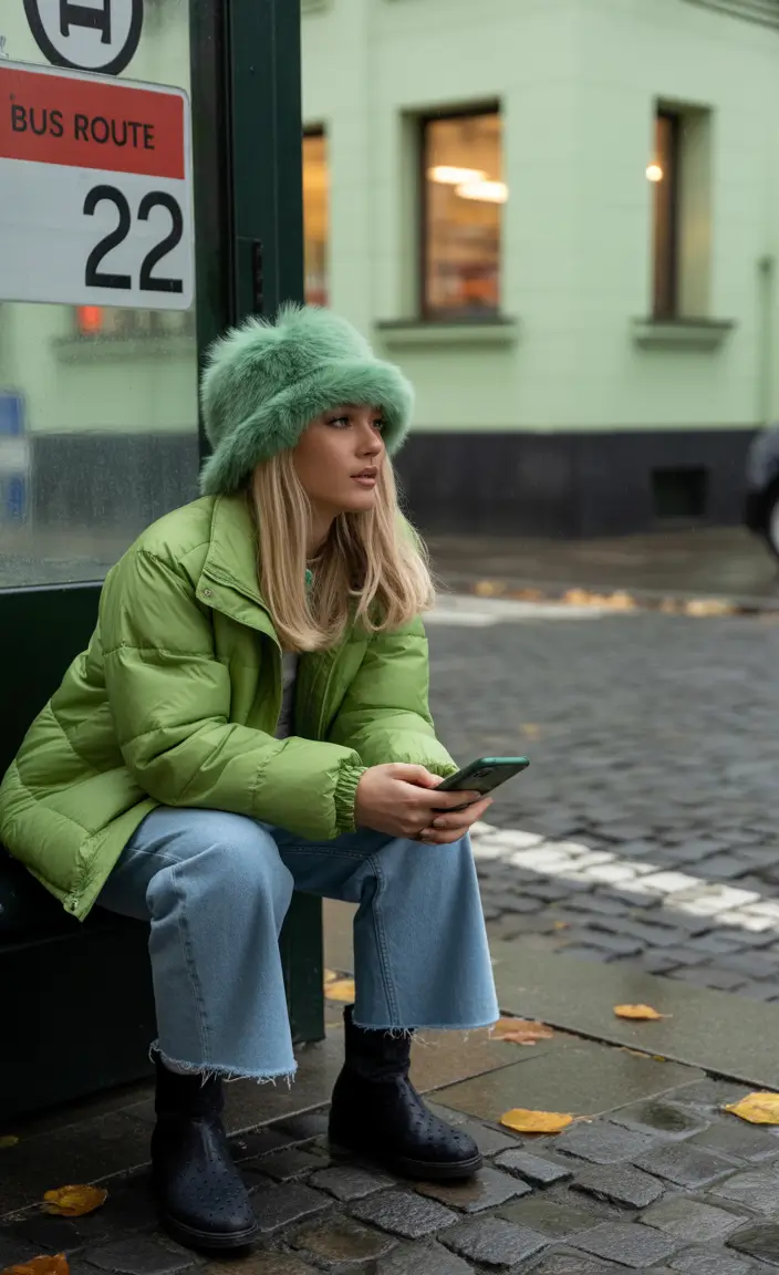 winter outfits aesthetic 2025-2026 Soft-Girl Green with Downtown Energy