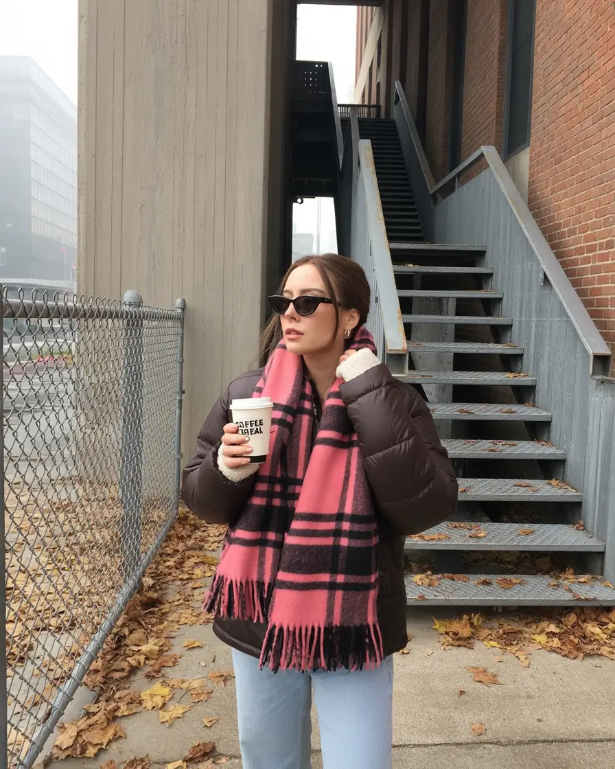 winter outfits aesthetic 2025-2026 Cozy Meets Cool in Pink Plaid Layers