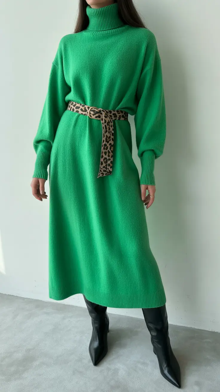 winter outfits cold 2025-2026 Green Knit with Leopard Belt