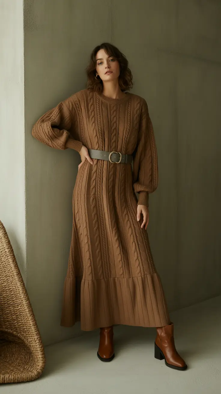 winter outfits cold 2025-2026 Cable Drama With a Belt