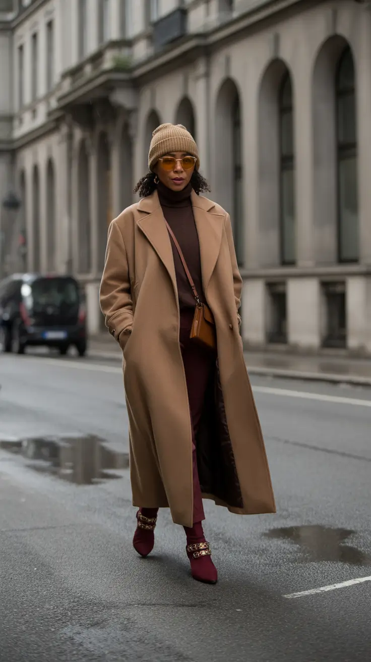 winter outfits cold 2025-2026 Rich Camel and Burgundy Layers