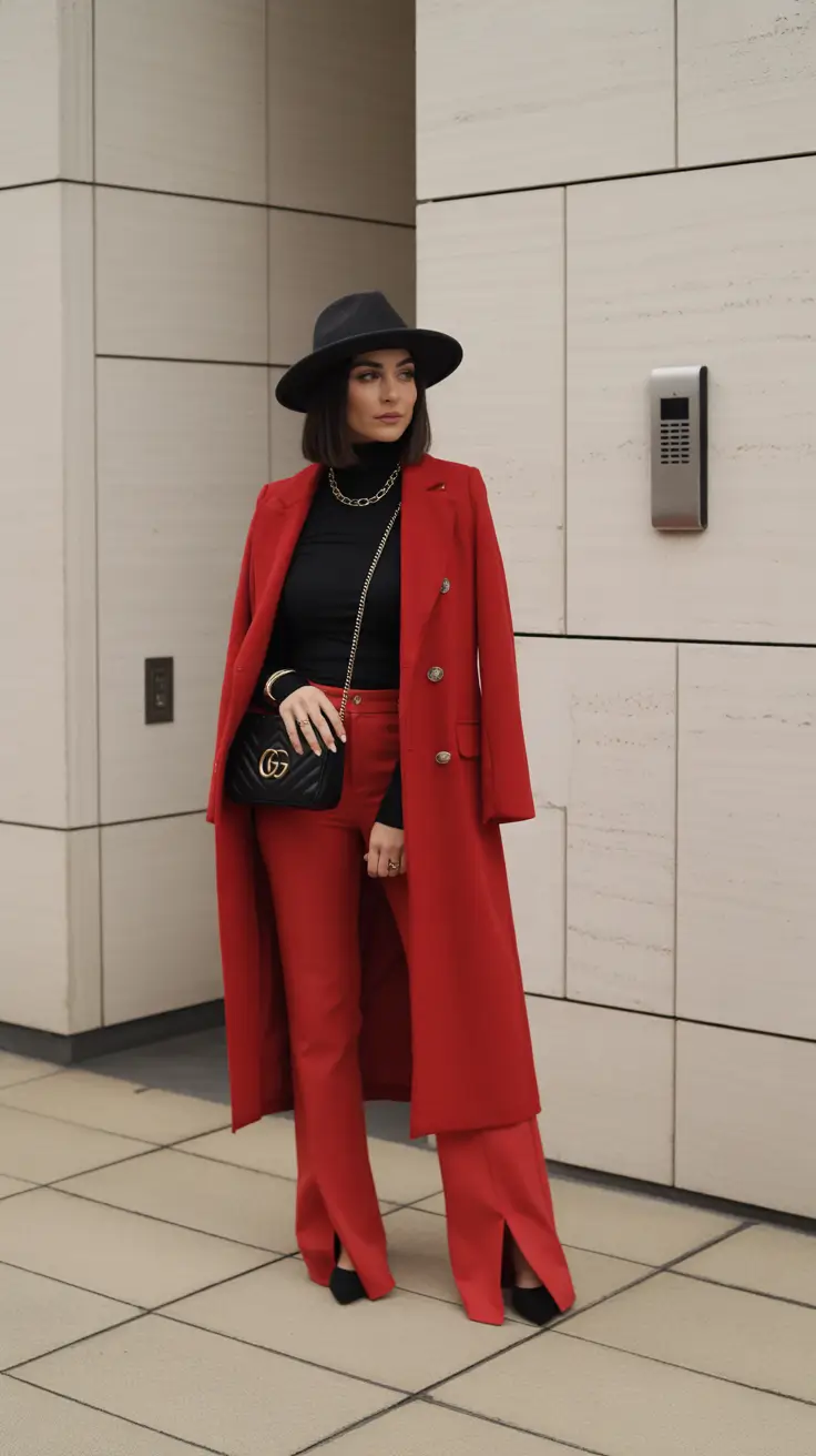 winter outfits cold 2025-2026 Red Elegance with a Twist