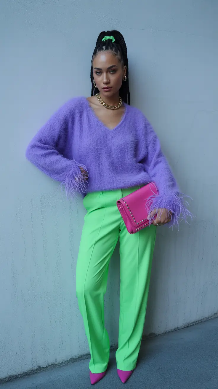 winter outfits inspiration 2025 Feathered Fuzz & Acid Color Blocking
