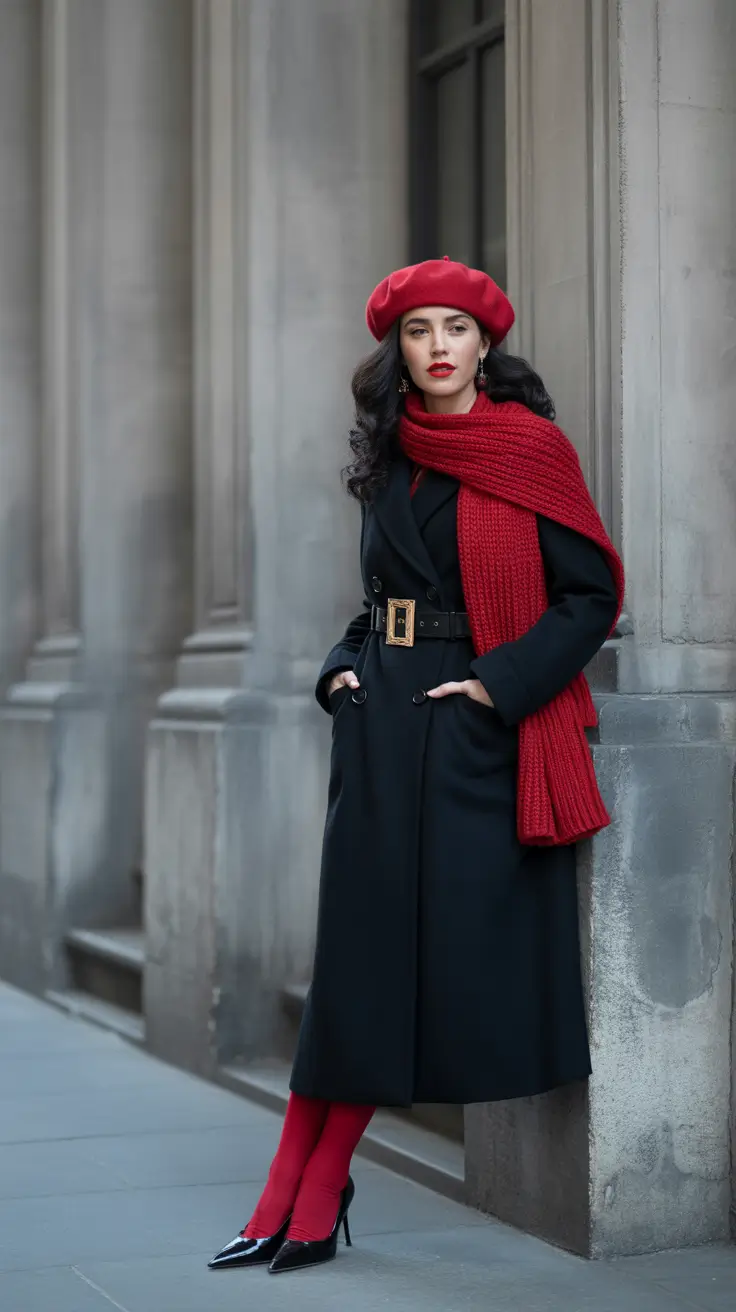 winter outfits inspiration 2025 Parisian Drama in Red and Black