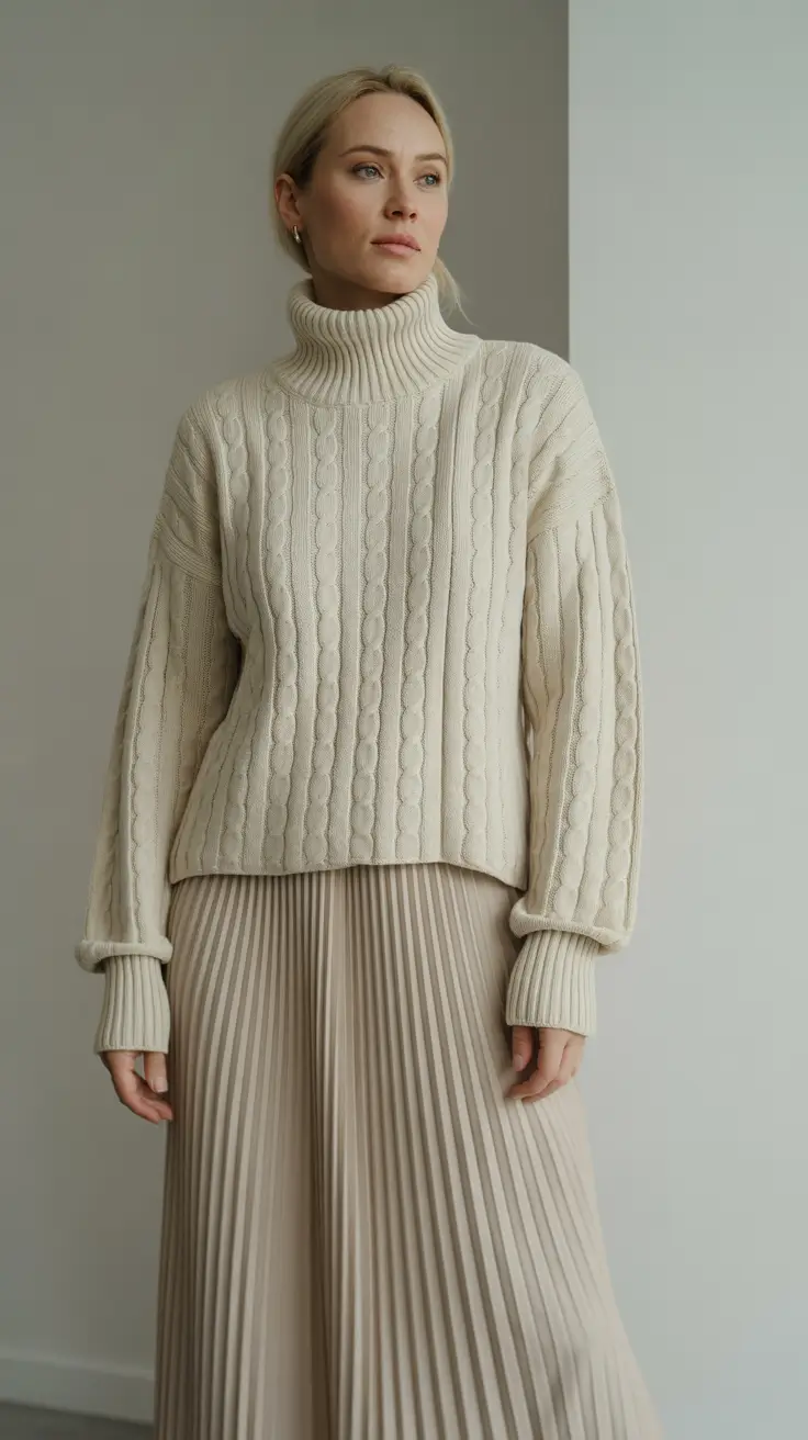 winter outfits over 40 2025-2026 Cable Knit and Pleats Harmony