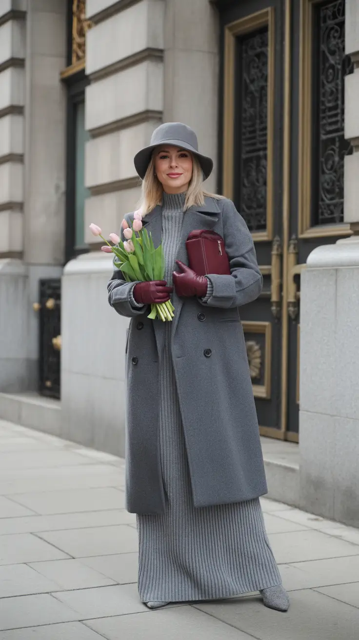 winter outfits over 40 2025-2026 Monochrome Grey with a Touch of Romance