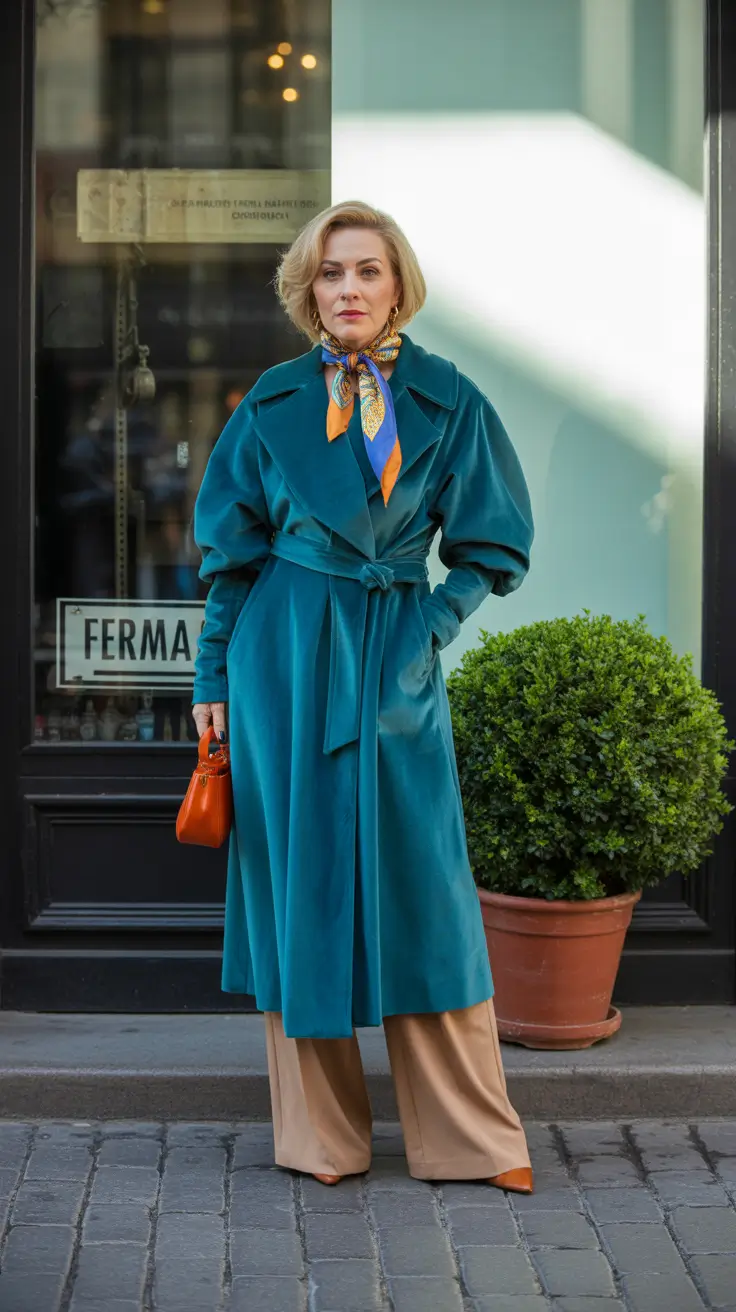 winter outfits over 40 2025-2026 Teal Elegance with a Retro Accent