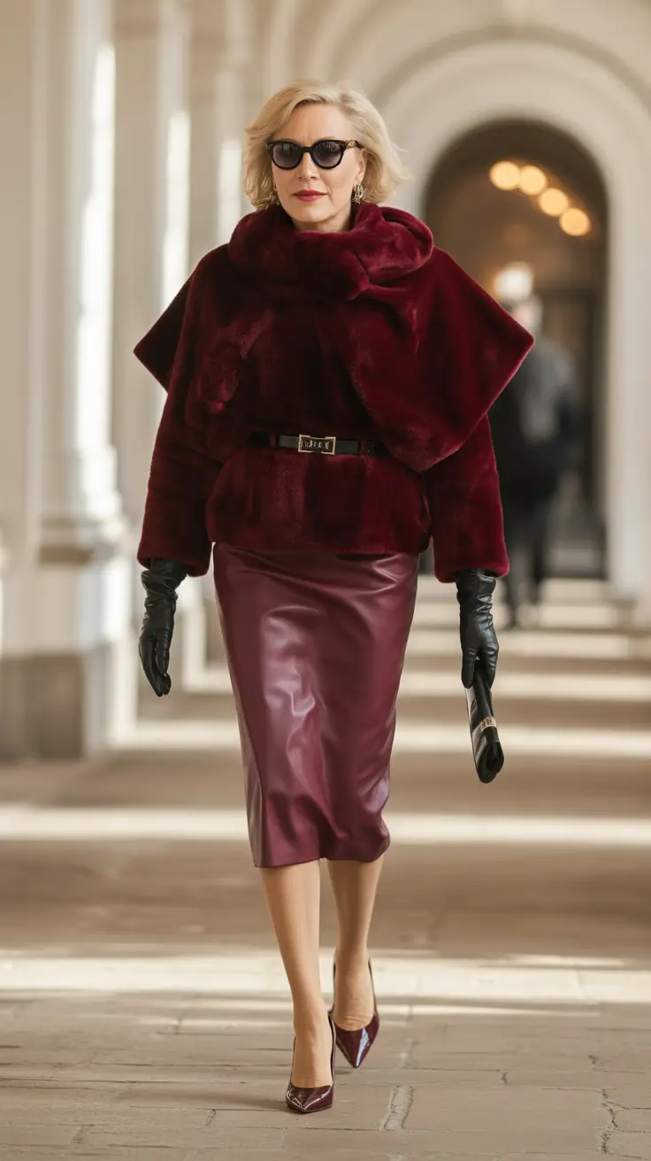winter outfits over 40 2025-2026 Velvet Luxe in Monochrome Burgundy