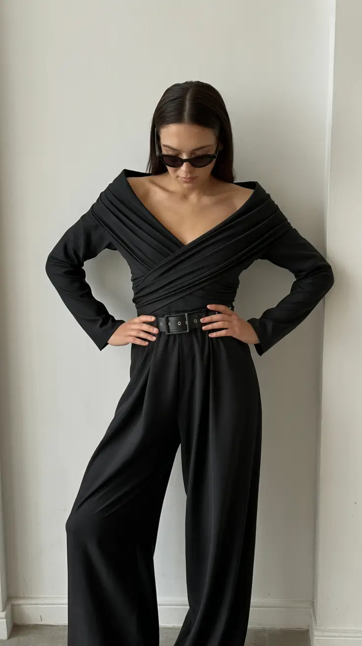 winter work outfits 2025-2026 All-Black Drama with Sculptural Detail