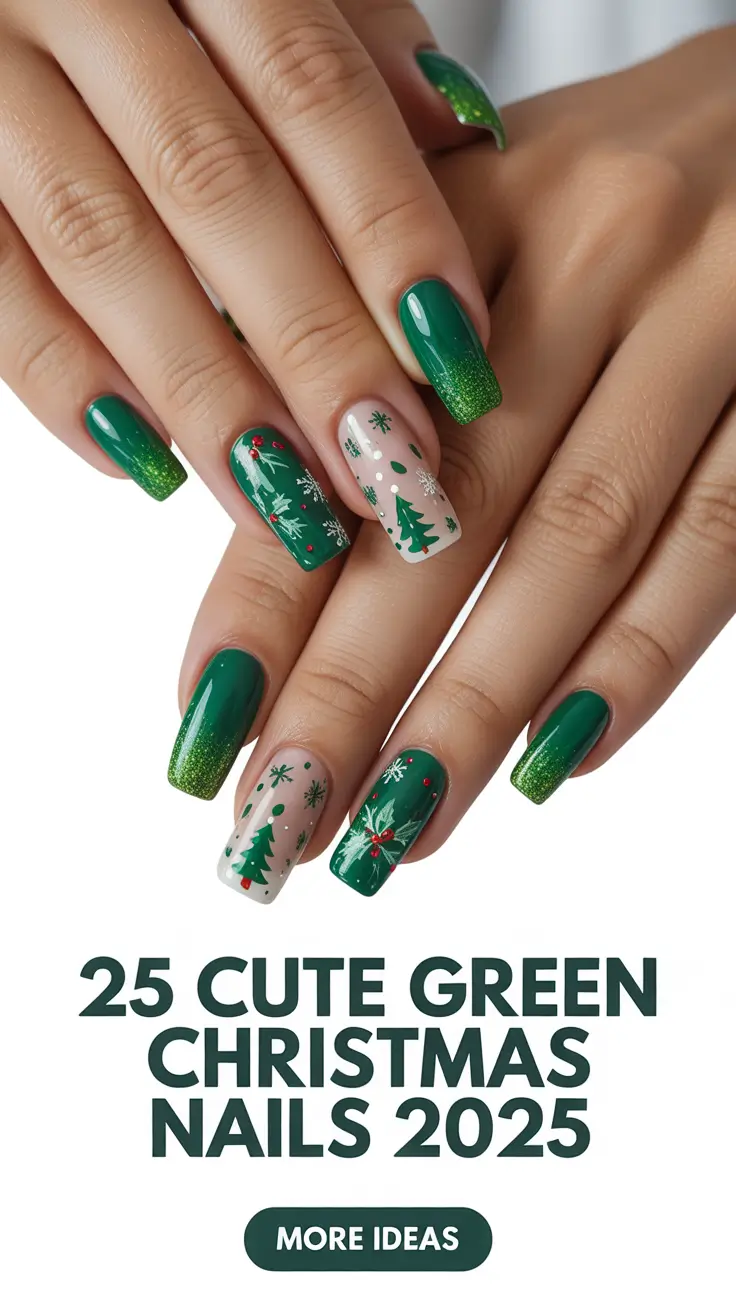 Cute Green Christmas Nails 2025: Festive Emerald, Sage & Olive Holiday Designs