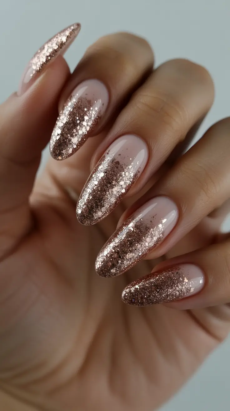 Almond Nail Trends Winter 2025–2026 Champagne Glimmer Fade