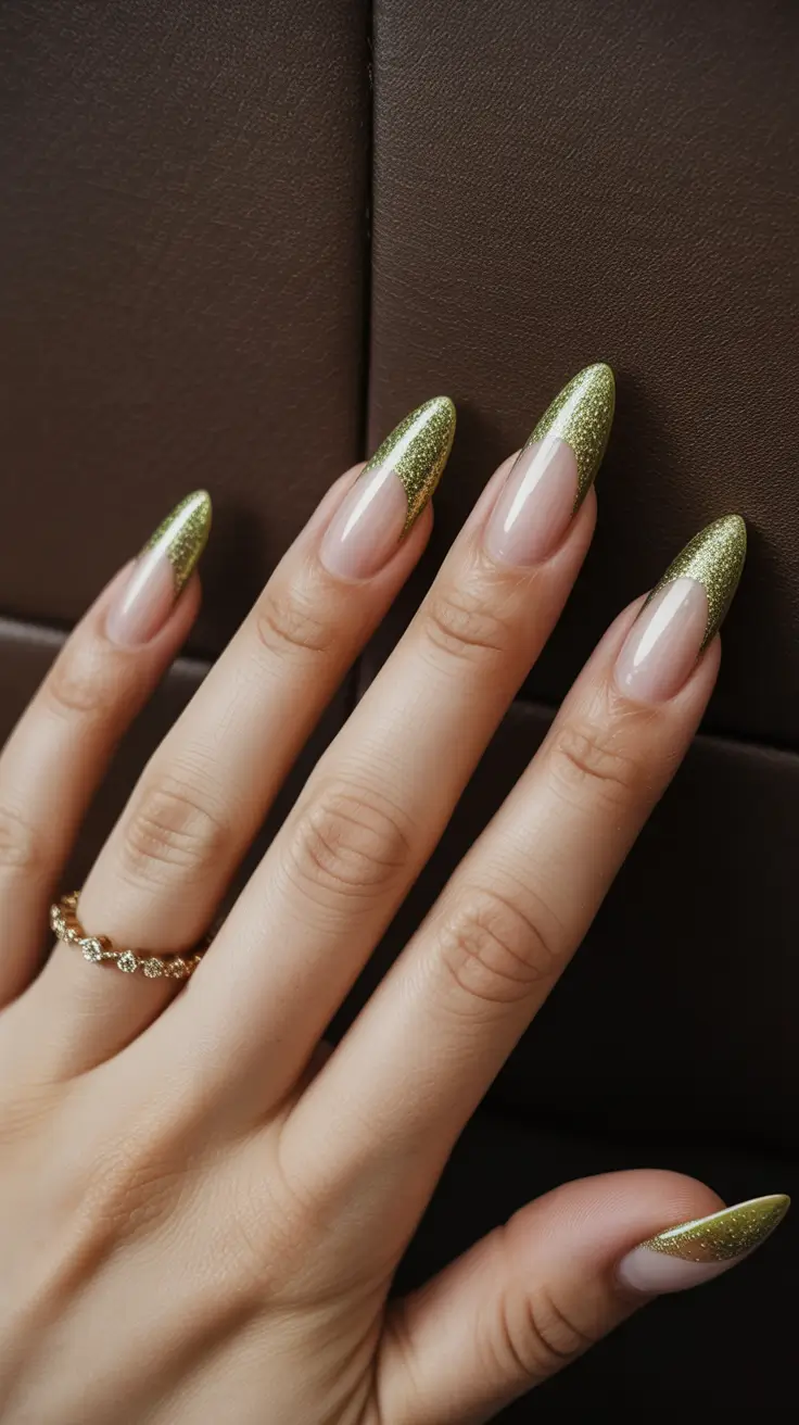 Almond Nail Trends Winter 2025–2026 Golden Olive French