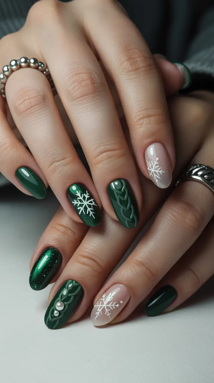Almond Nail Trends Winter 2025–2026 Emerald Knit Charm